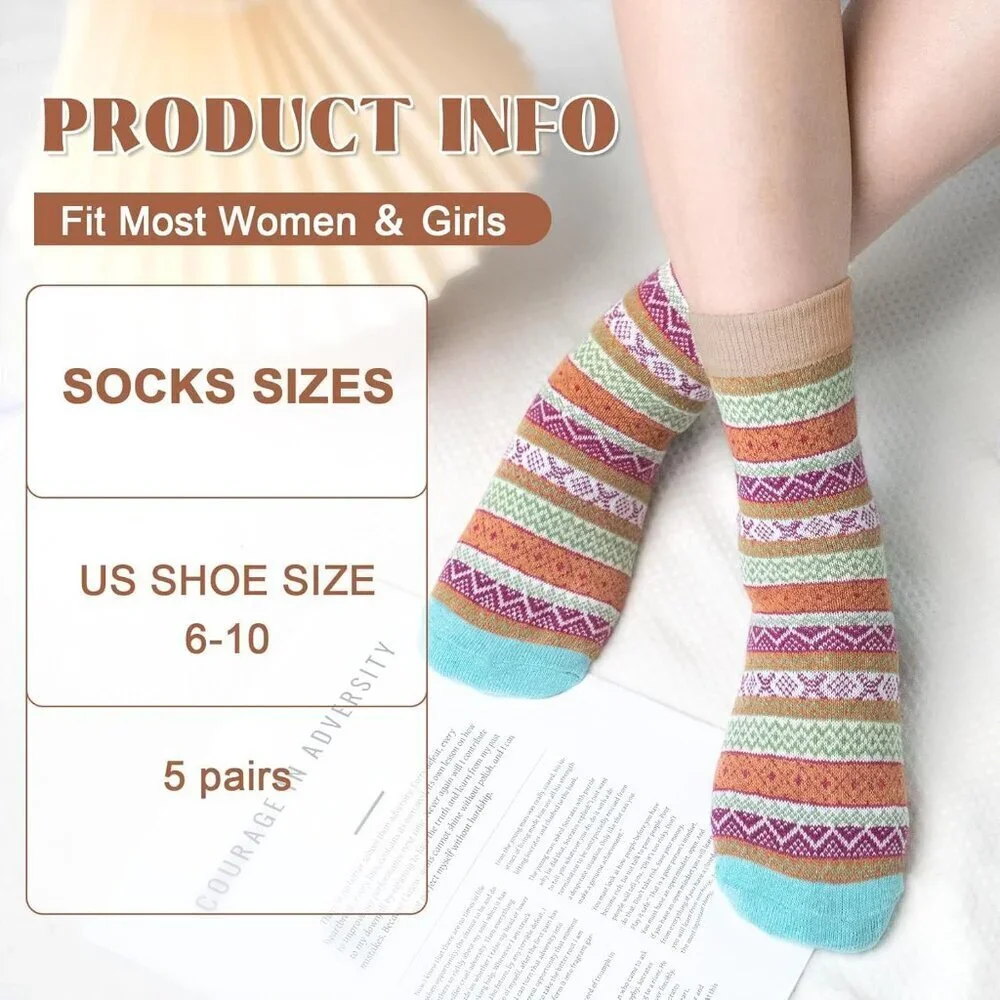 Women's 5 Pairs Winter Thick Boot Cozy Crew Vintage Soft Calf Knit Wool Socks